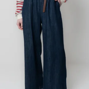Pantalone a Palazzo in Denim con Cintura