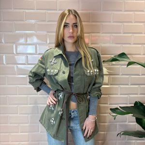Giacca donna verde militare con applicazioni gioiello Tensione In